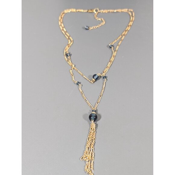Retro Blue Glass Bead Gold Tone Figaro Multi Chain Tassel Layer Necklace 17" - Picture 2 of 7